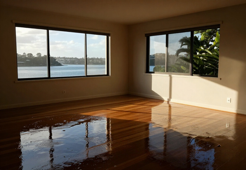 Flooded living room in Lane Cove West before restoration